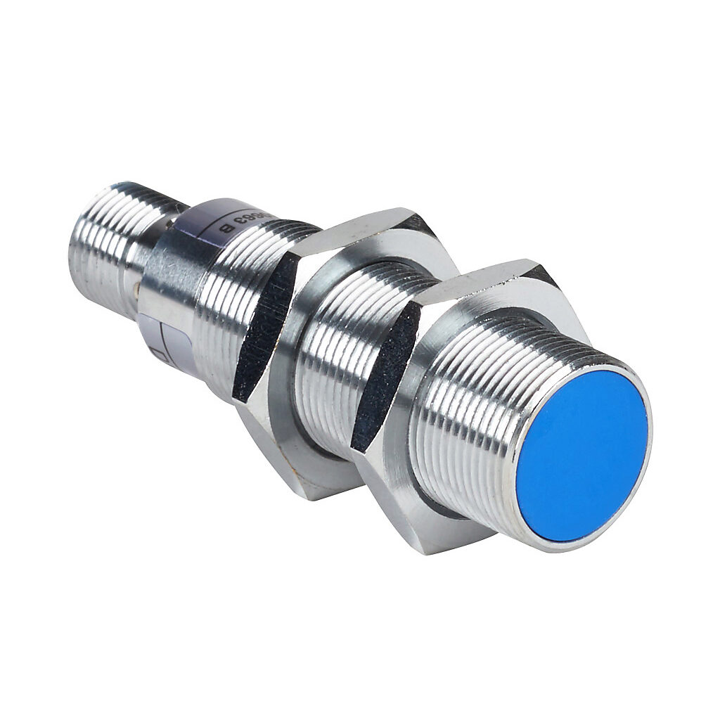 DW-AS-503-M18-002 - Contrinex inductive proximity sensor, tubular, 18mm diameter x 63.5mm body, chrome-plated brass housing, PNP, N.O. output, 12mm sensing distance, semi-flush, 600 Hz switching frequency, IP67, 4-pin M12 quick-disconnect.