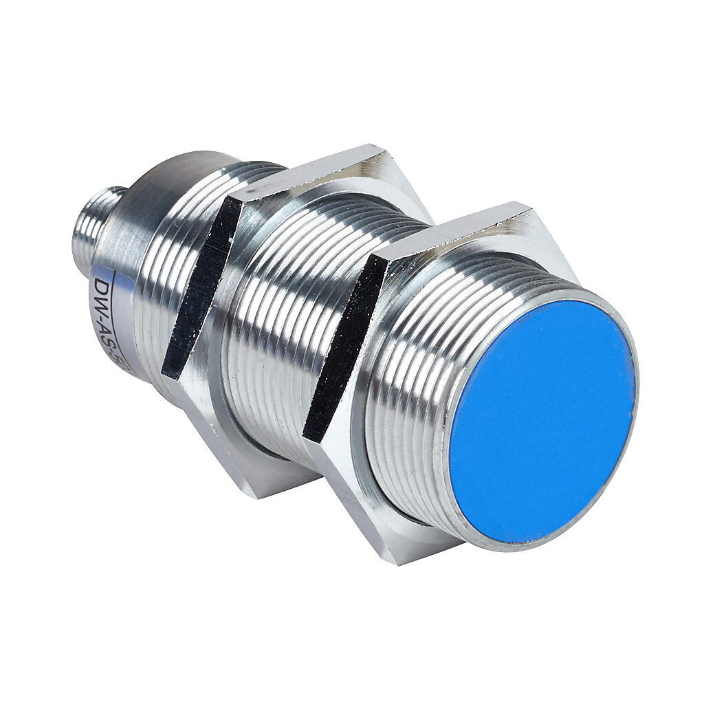 DW-AS-503-M30-002 - Contrinex inductive proximity sensor, tubular, 30mm diameter x 73.5mm body, chrome-plated brass housing, PNP, N.O. output, 22mm sensing distance, semi-flush, 200 Hz switching frequency, IP67, 4-pin M12 quick-disconnect.