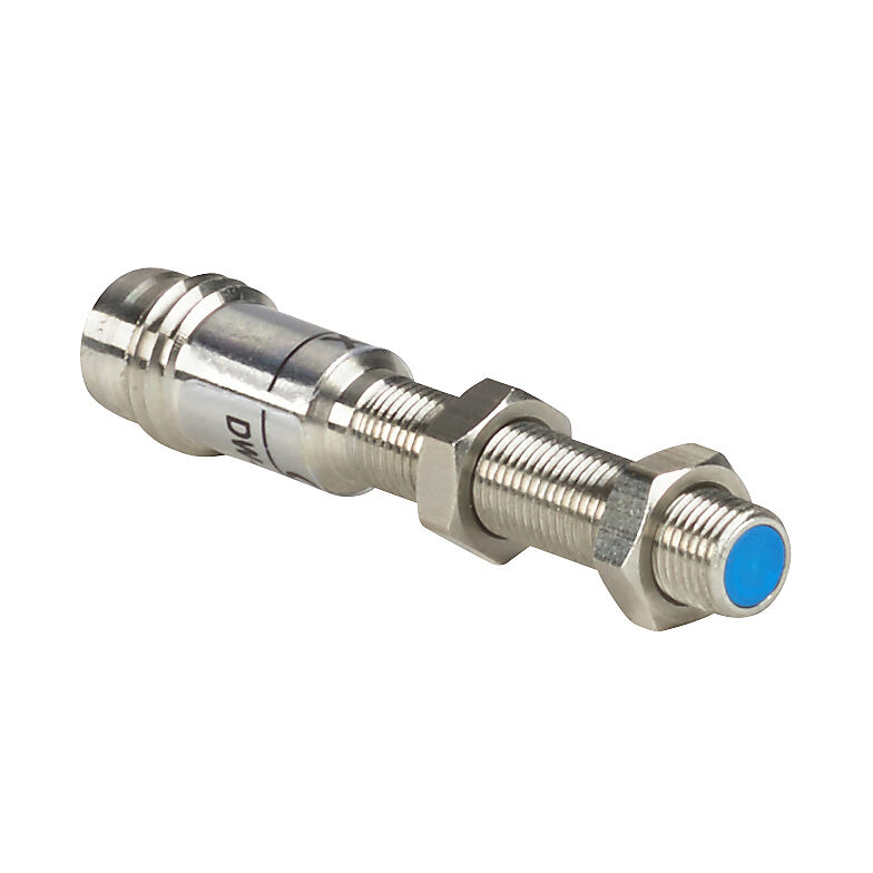 DW-AS-503-M5 - Contrinex inductive proximity sensor, tubular, 5mm diameter x 38mm body, nickel silver housing, PNP, N.O. output, 2.5mm sensing distance, semi-flush, 800 Hz switching frequency, IP67, 3-pin M8 quick-disconnect.