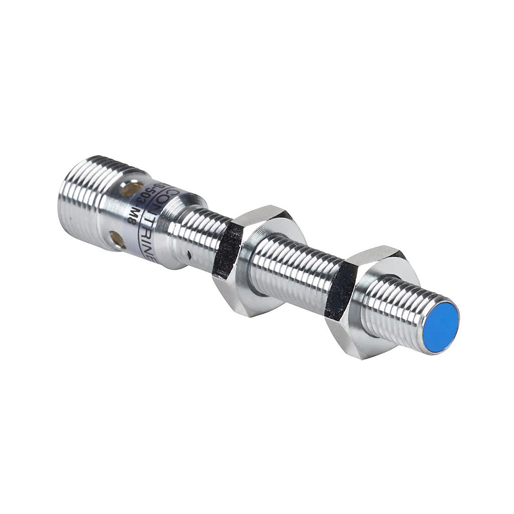 DW-AS-503-M8 - Contrinex inductive proximity sensor, tubular, 8mm diameter x 66mm body, chrome-plated nickel silver housing, PNP, N.O. output, 3mm sensing distance, semi-flush, 1 kHz switching frequency, IP67, 4-pin M12 quick-disconnect.