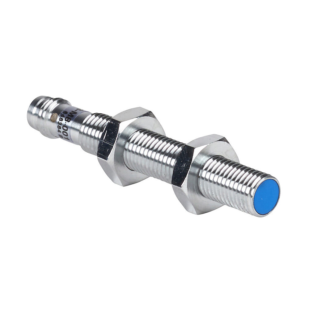 DW-AS-503-M8-001 - Contrinex inductive proximity sensor, tubular, 8mm diameter x 60mm body, chrome-plated nickel silver housing, PNP, N.O. output, 3mm sensing distance, semi-flush, 1 kHz switching frequency, IP67, 3-pin M8 quick-disconnect.