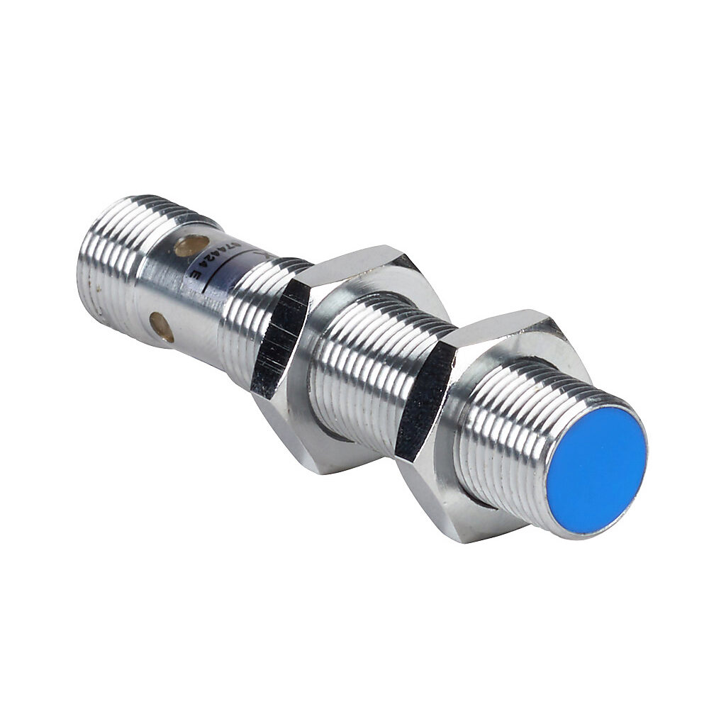 DW-AS-504-M12 - Contrinex inductive proximity sensor, tubular, 12mm diameter x 60mm body, chrome-plated brass housing, PNP, N.C. output, 6mm sensing distance, semi-flush, 800 Hz switching frequency, IP67, 4-pin M12 quick-disconnect.