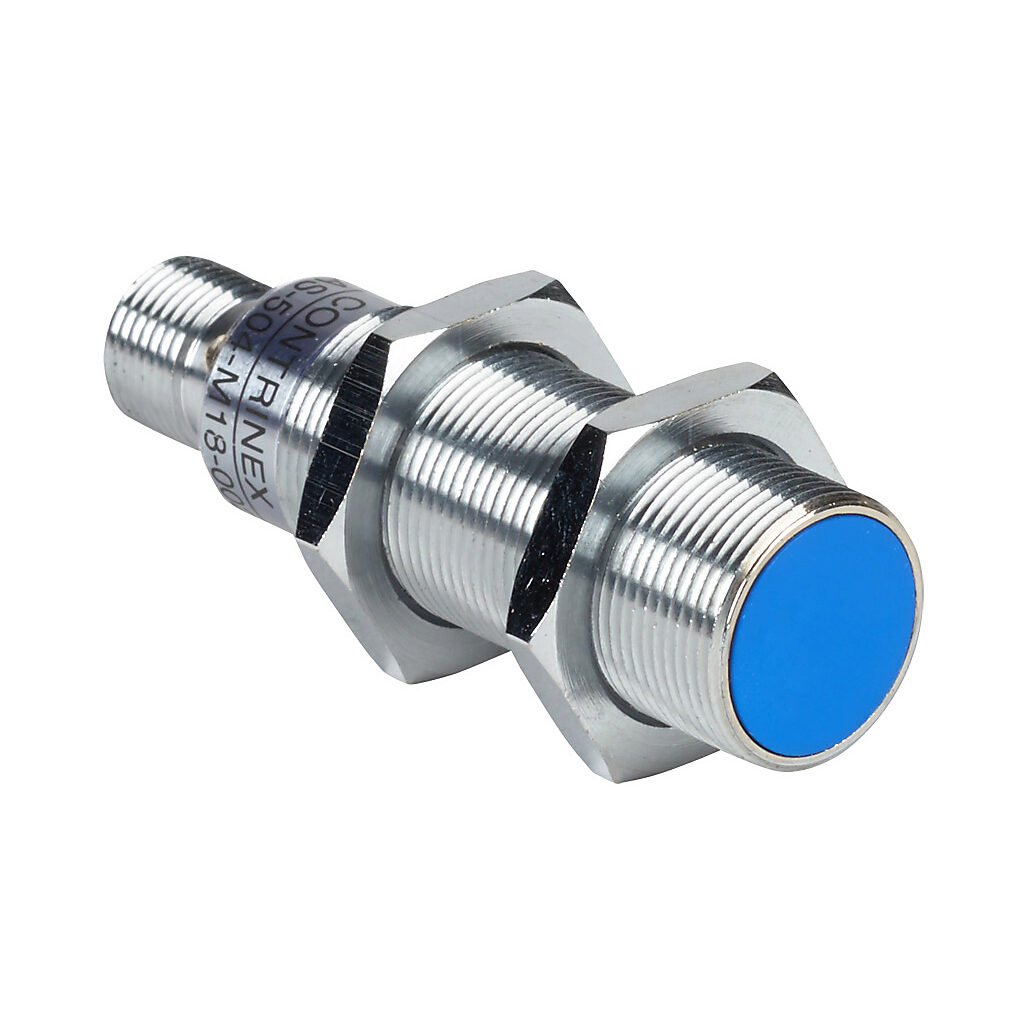 DW-AS-504-M18-002 - Contrinex inductive proximity sensor, tubular, 18mm diameter x 63.5mm body, chrome-plated brass housing, PNP, N.C. output, 12mm sensing distance, semi-flush, 600 Hz switching frequency, IP67, 4-pin M12 quick-disconnect.