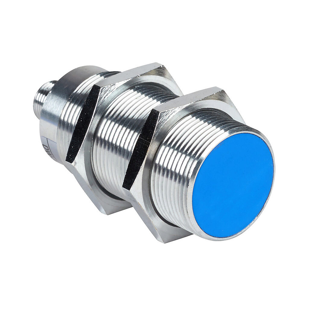 DW-AS-504-M30-002 - Contrinex inductive proximity sensor, tubular, 30mm diameter x 73.5mm body, chrome-plated brass housing, PNP, N.C. output, 22mm sensing distance, semi-flush, 200 Hz switching frequency, IP67, 4-pin M12 quick-disconnect.