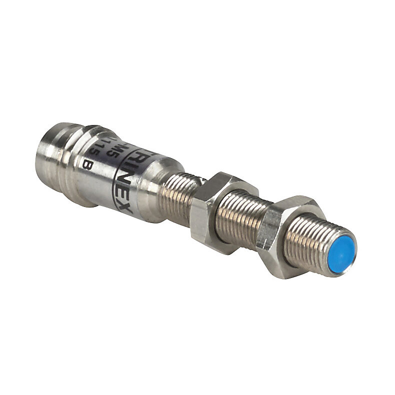 DW-AS-504-M5 - Contrinex inductive proximity sensor, tubular, 5mm diameter x 38mm body, nickel silver housing, PNP, N.C. output, 2.5mm sensing distance, semi-flush, 800 Hz switching frequency, IP67, 3-pin M8 quick-disconnect.