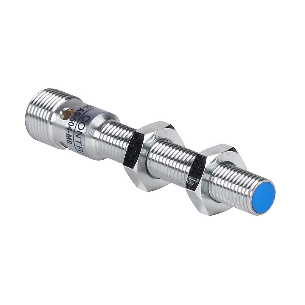 DW-AS-504-M8 - Contrinex inductive proximity sensor, tubular, 8mm diameter x 66mm body, chrome-plated nickel silver housing, PNP, N.C. output, 3mm sensing distance, semi-flush, 1 kHz switching frequency, IP67, 4-pin M12 quick-disconnect.