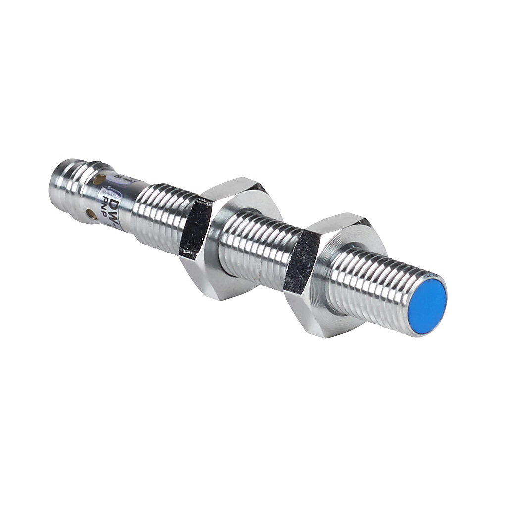 DW-AS-504-M8-001 - Contrinex inductive proximity sensor, tubular, 8mm diameter x 60mm body, chrome-plated nickel silver housing, PNP, N.C. output, 3mm sensing distance, semi-flush, 1 kHz switching frequency, IP67, 3-pin M8 quick-disconnect.