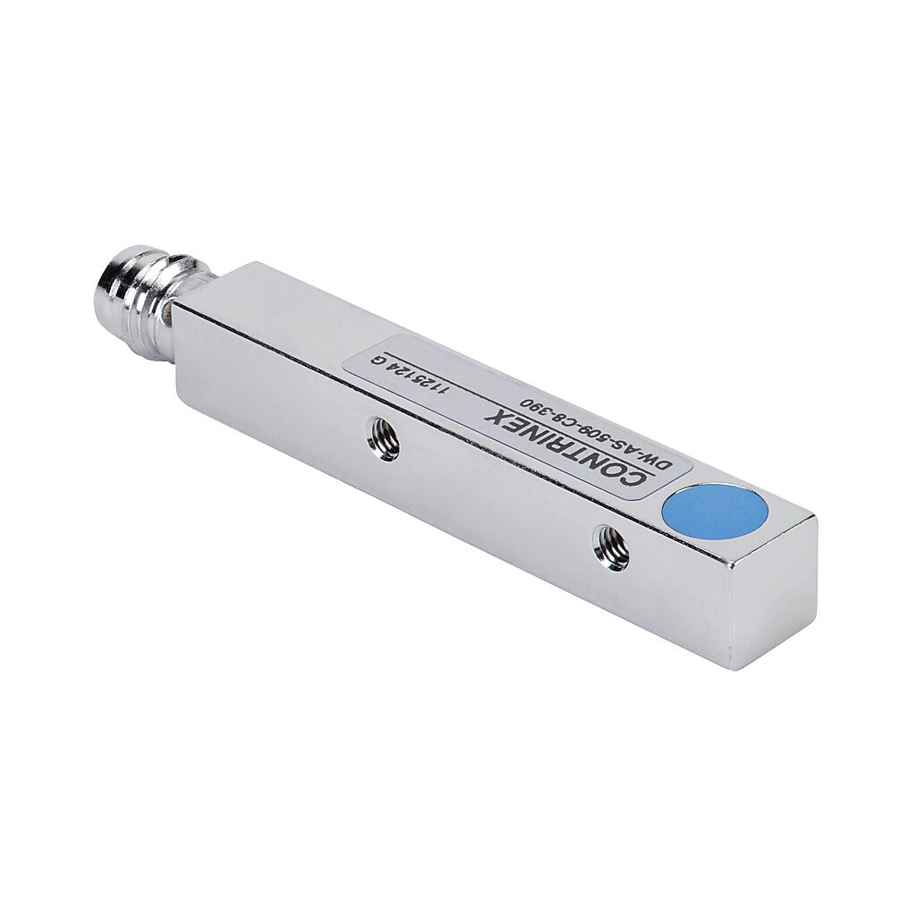 DW-AS-509-C8-390 - Contrinex inductive proximity sensor, rectangular, 8 x 8 x 59mm body, chrome-plated brass housing, 0-10 VDC analog output, 4mm sensing distance, semi-flush, IP67, 3-pin M8 quick-disconnect.