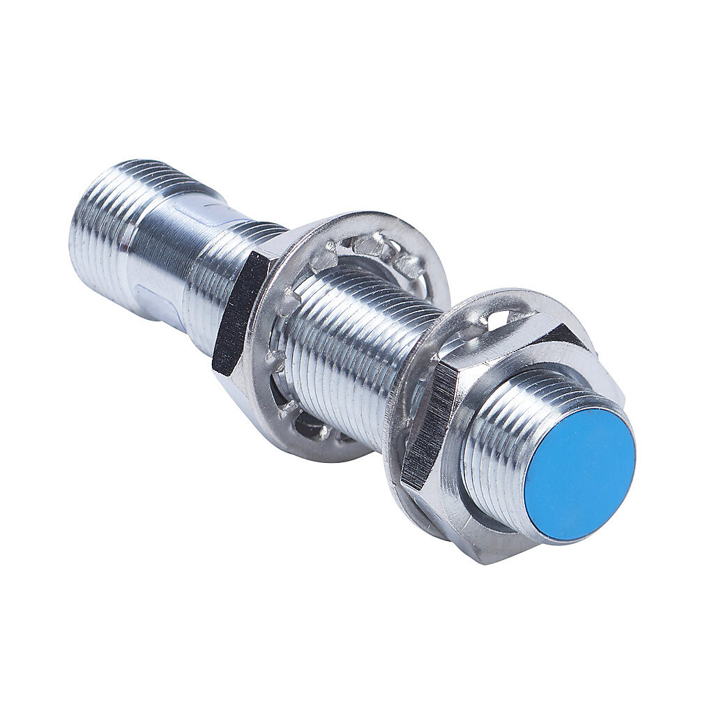 DW-AS-509-M12 - Contrinex inductive proximity sensor, tubular, 12mm diameter x 60mm body, chrome-plated brass housing, 0-5 VDC or 1-5 mA analog output, 6mm sensing distance, semi-flush, IP67, 4-pin M12 quick-disconnect.
