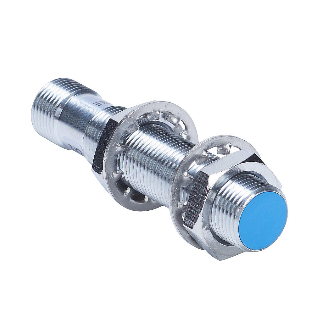 DW-AS-509-M12-390 - Contrinex inductive proximity sensor, tubular, 12mm diameter x 60mm body, chrome-plated brass housing, 0-10 VDC or 4-20 mA analog output, 6mm sensing distance, semi-flush, IP67, 4-pin M12 quick-disconnect.