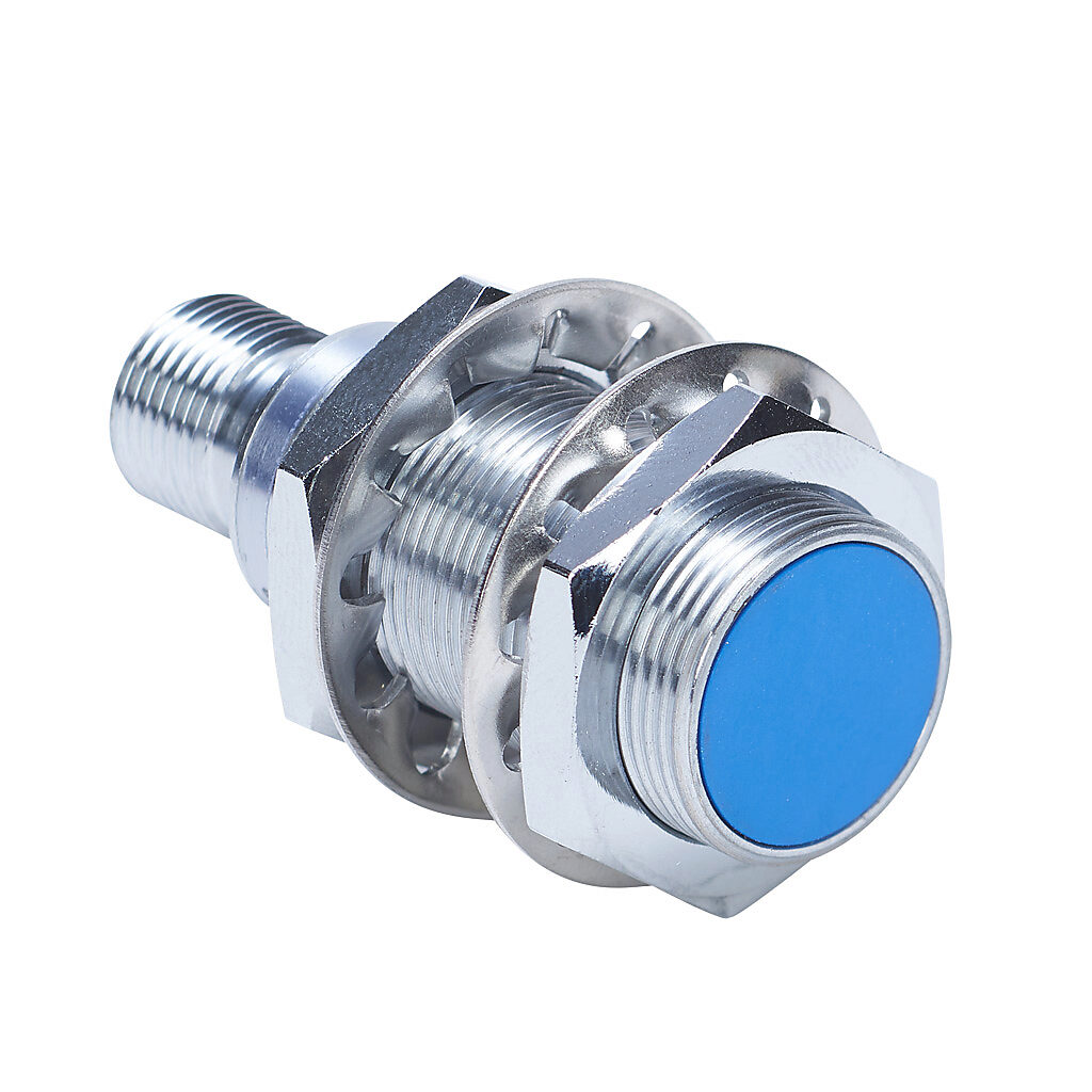 DW-AS-509-M18-120 - Contrinex inductive proximity sensor, tubular, 18mm diameter x 48.5mm body, chrome-plated brass housing, 0-5 VDC or 1-5 mA analog output, 10mm sensing distance, semi-flush, IP67, 4-pin M12 quick-disconnect.