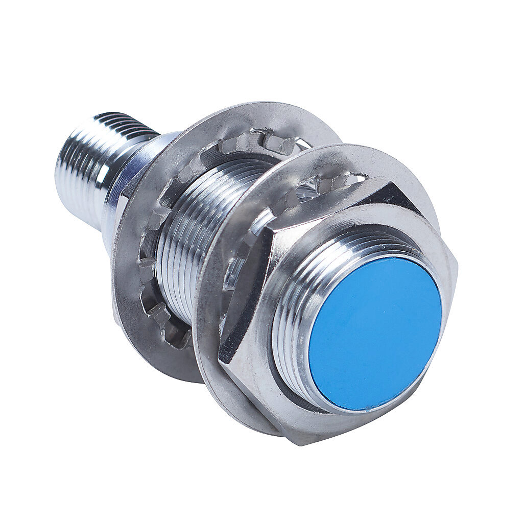DW-AS-509-M18-320 - Contrinex inductive proximity sensor, tubular, 18mm diameter x 48.5mm body, chrome-plated brass housing, 0-10 VDC or 4-20 mA analog output, 10mm sensing distance, semi-flush, IP67, 4-pin M12 quick-disconnect.