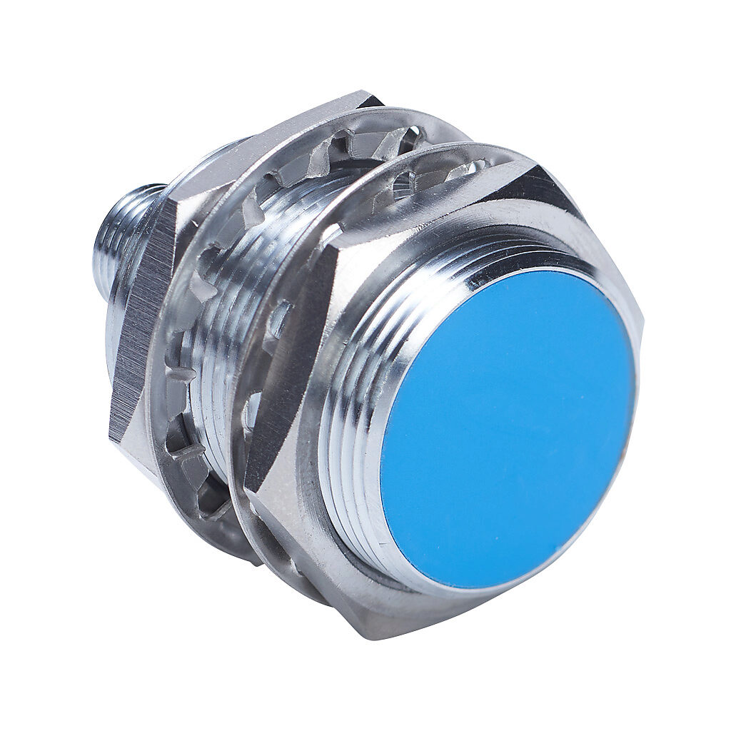 DW-AS-509-M30-120 - Contrinex inductive proximity sensor, tubular, 30mm diameter x 48.5mm body, chrome-plated brass housing, 0-5 VDC or 1-5 mA analog output, 20mm sensing distance, semi-flush, IP67, 4-pin M12 quick-disconnect.
