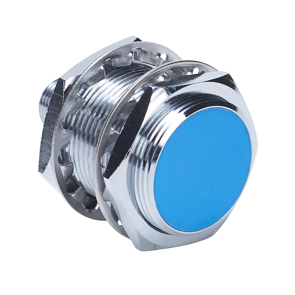 DW-AS-509-M30-320 - Contrinex inductive proximity sensor, tubular, 30mm diameter x 48.5mm body, chrome-plated brass housing, 0-10 VDC or 4-20 mA analog output, 20mm sensing distance, semi-flush, IP67, 4-pin M12 quick-disconnect.