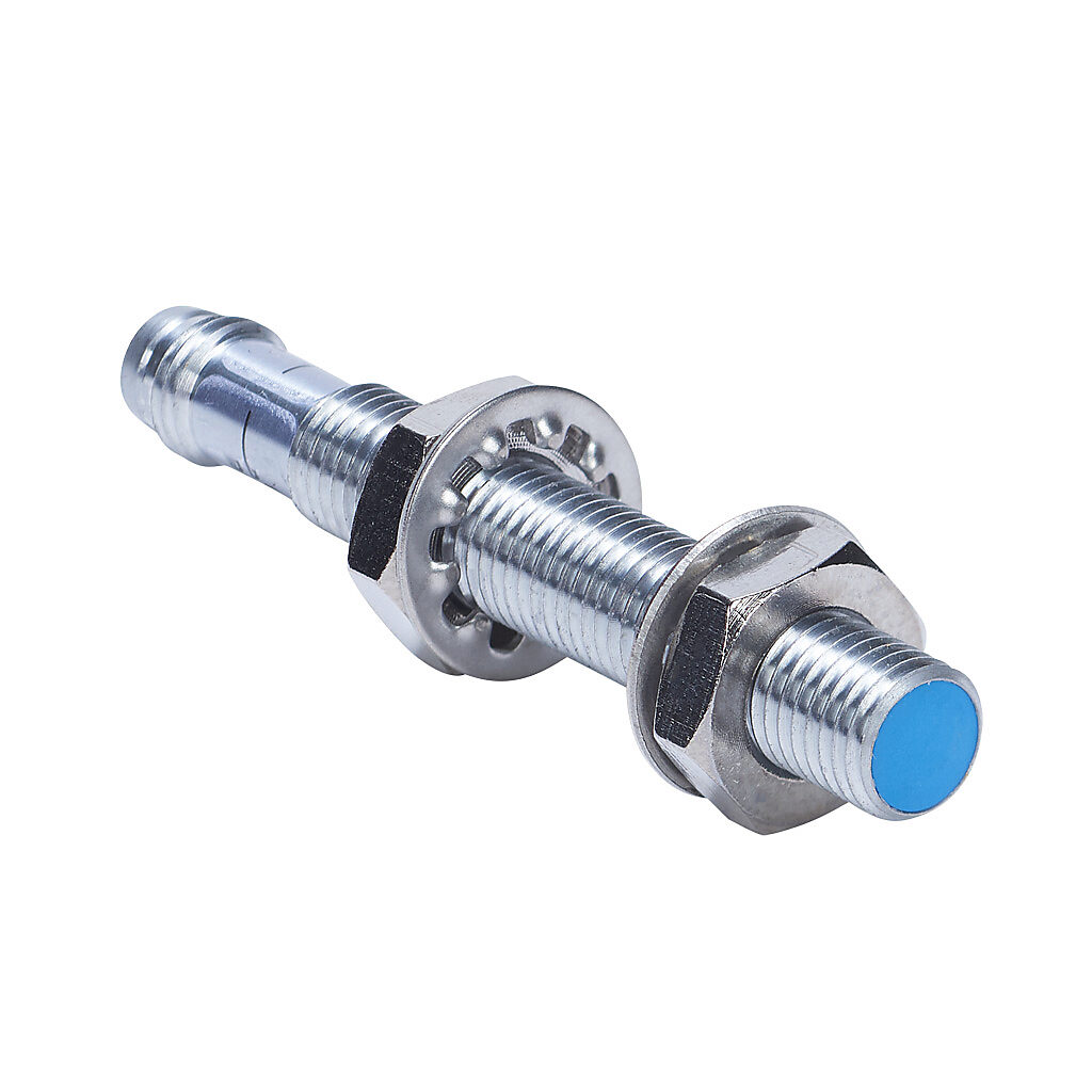 DW-AS-509-M8-001 - Contrinex inductive proximity sensor, tubular, 8mm diameter x 60mm body, chrome-plated brass housing, 0-5 VDC analog output, 4mm sensing distance, semi-flush, IP67, 3-pin M8 quick-disconnect.