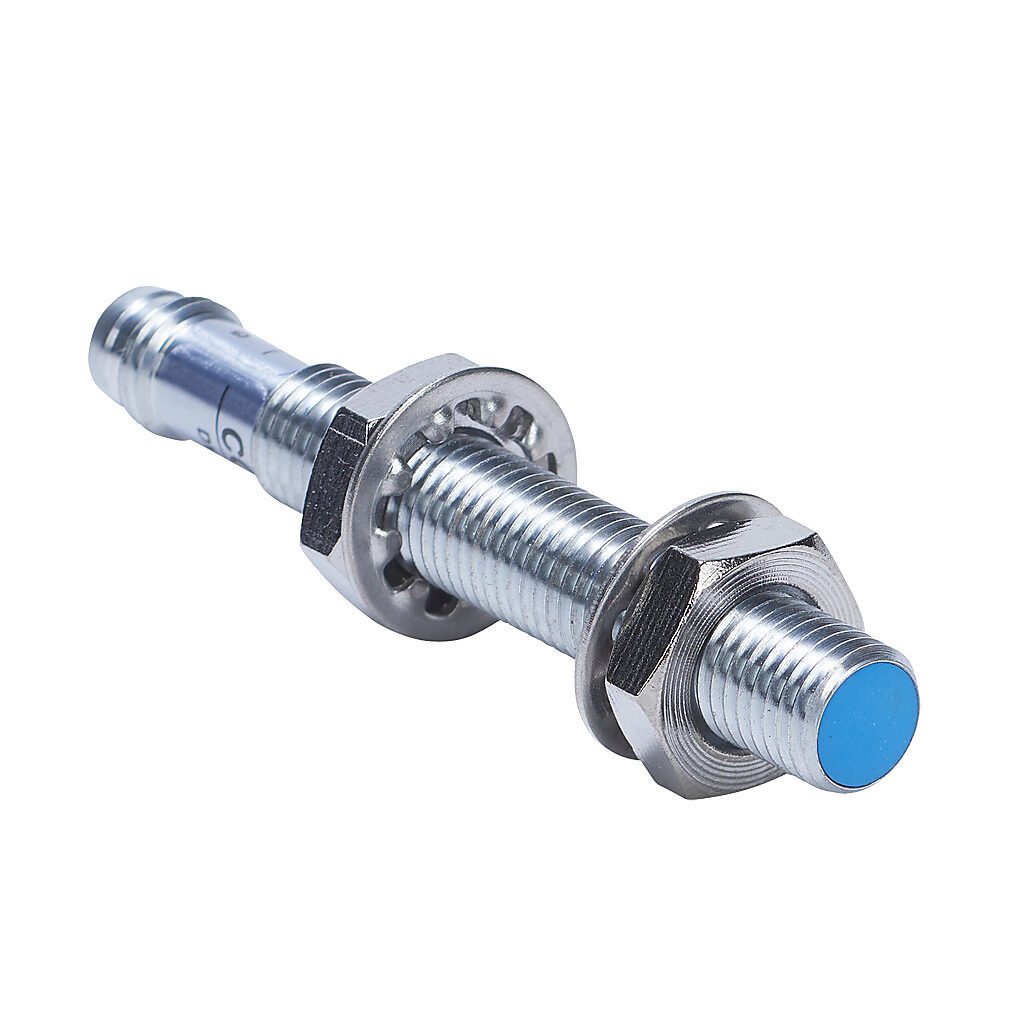 DW-AS-509-M8-390 - Contrinex inductive proximity sensor, tubular, 8mm diameter x 60mm body, chrome-plated brass housing, 0-10 VDC analog output, 4mm sensing distance, semi-flush, IP67, 3-pin M8 quick-disconnect.