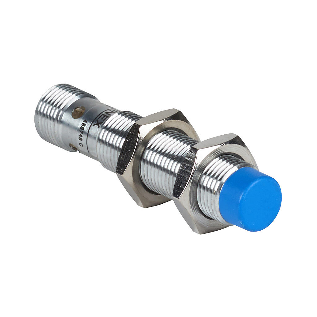 DW-AS-511-M12 - Contrinex inductive proximity sensor, tubular, 12mm diameter x 60mm body, chrome-plated brass housing, NPN, N.O. output, 10mm sensing distance, non-flush, 400 Hz switching frequency, IP67, 4-pin M12 quick-disconnect.