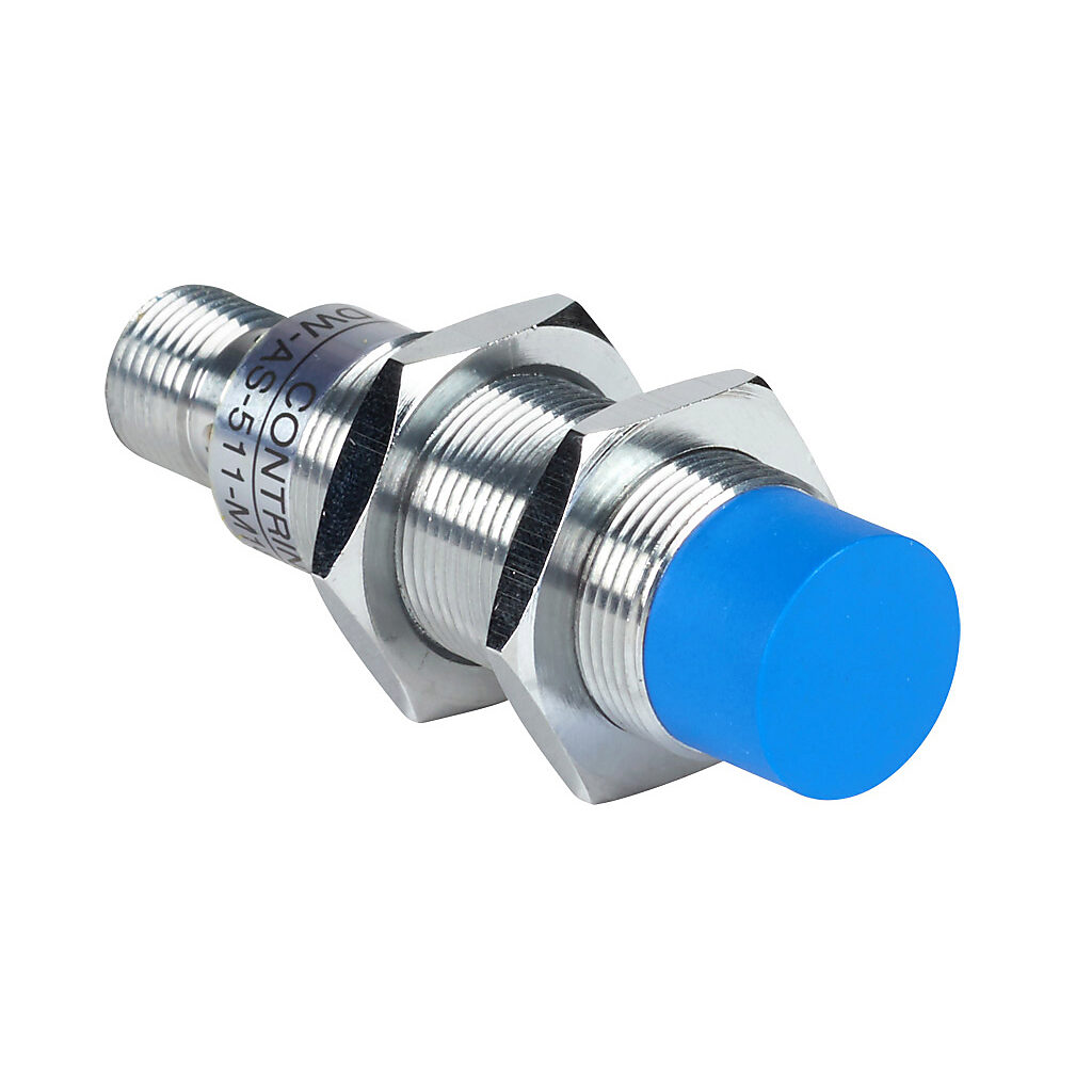 DW-AS-511-M18-002 - Contrinex inductive proximity sensor, tubular, 18mm diameter x 63.5mm body, chrome-plated brass housing, NPN, N.O. output, 20mm sensing distance, non-flush, 500 Hz switching frequency, IP67, 4-pin M12 quick-disconnect.