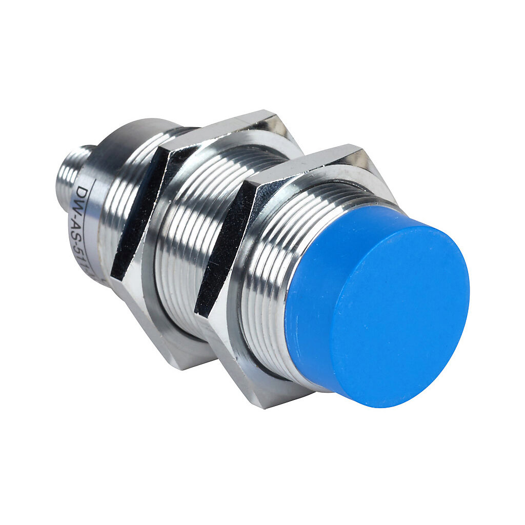 DW-AS-511-M30-002 - Contrinex inductive proximity sensor, tubular, 30mm diameter x 73.5mm body, chrome-plated brass housing, NPN, N.O. output, 40mm sensing distance, non-flush, 100 Hz switching frequency, IP67, 4-pin M12 quick-disconnect.