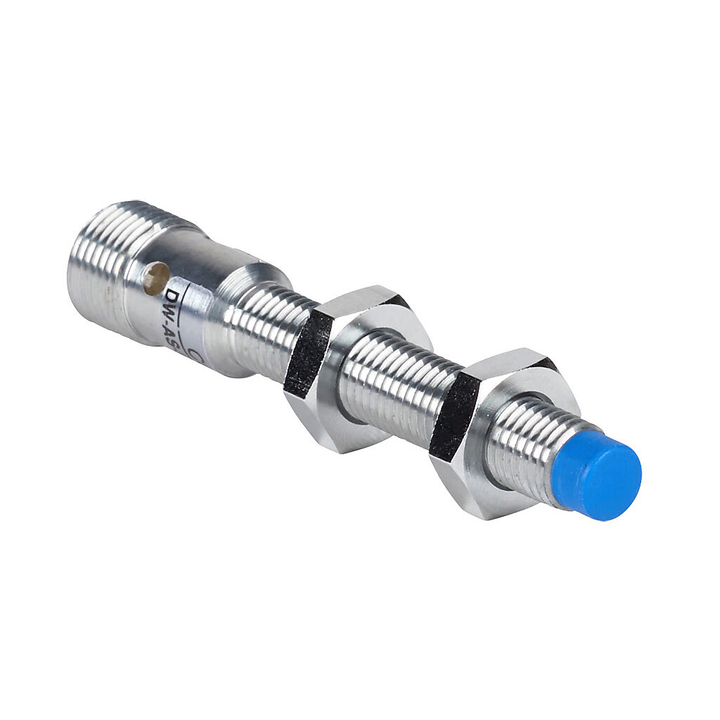 DW-AS-511-M8 - Contrinex inductive proximity sensor, tubular, 8mm diameter x 66mm body, chrome-plated brass housing, NPN, N.O. output, 6mm sensing distance, non-flush, 500 Hz switching frequency, IP67, 4-pin M12 quick-disconnect.