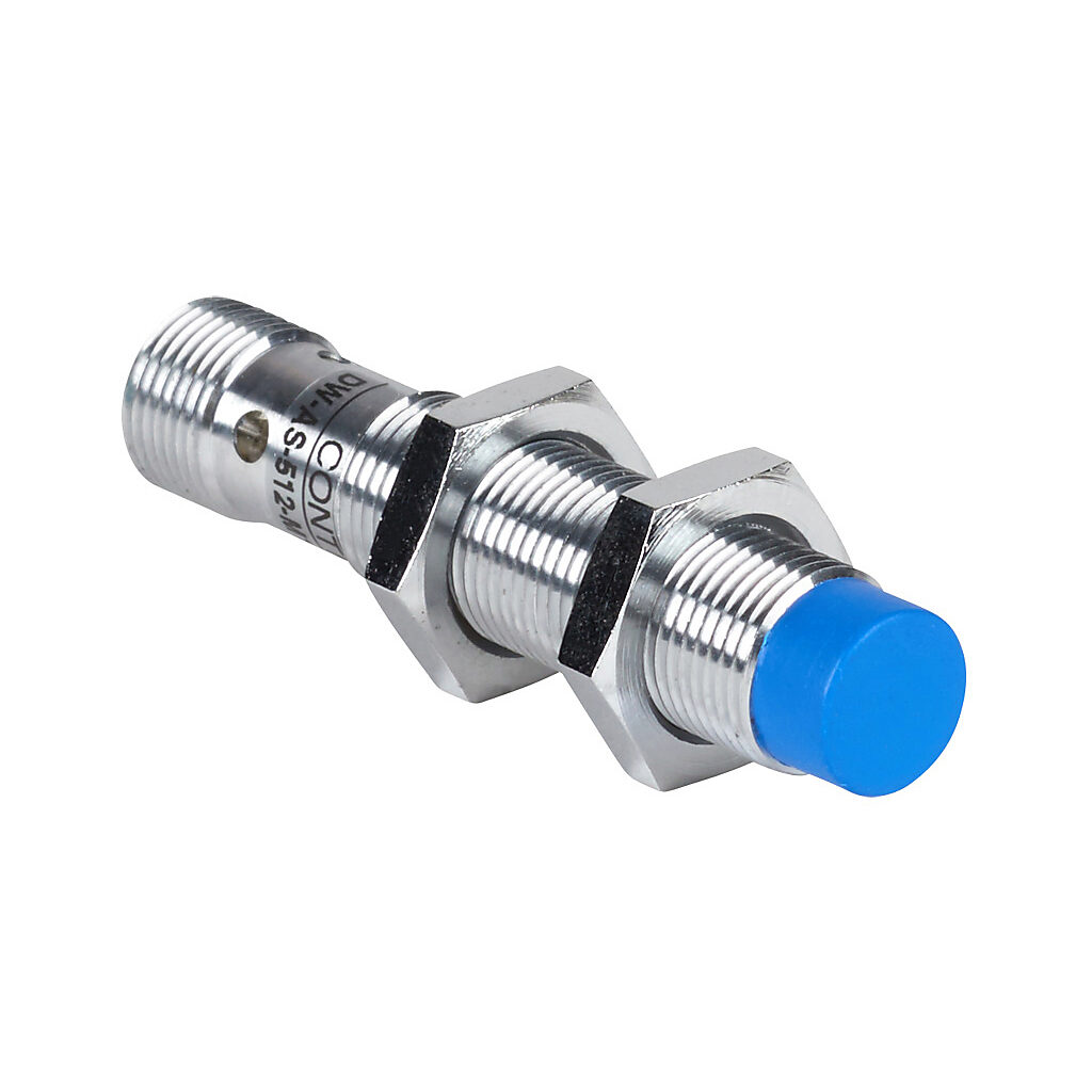 DW-AS-512-M12 - Contrinex inductive proximity sensor, tubular, 12mm diameter x 60mm body, chrome-plated brass housing, NPN, N.C. output, 10mm sensing distance, non-flush, 400 Hz switching frequency, IP67, 4-pin M12 quick-disconnect.