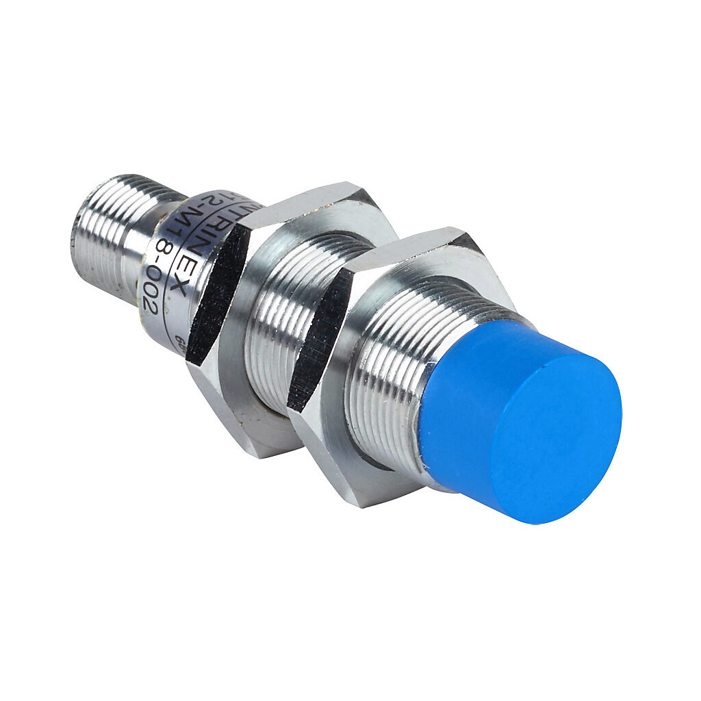 DW-AS-512-M18-002 - Contrinex inductive proximity sensor, tubular, 18mm diameter x 63.5mm body, chrome-plated brass housing, NPN, N.C. output, 20mm sensing distance, non-flush, 500 Hz switching frequency, IP67, 4-pin M12 quick-disconnect.