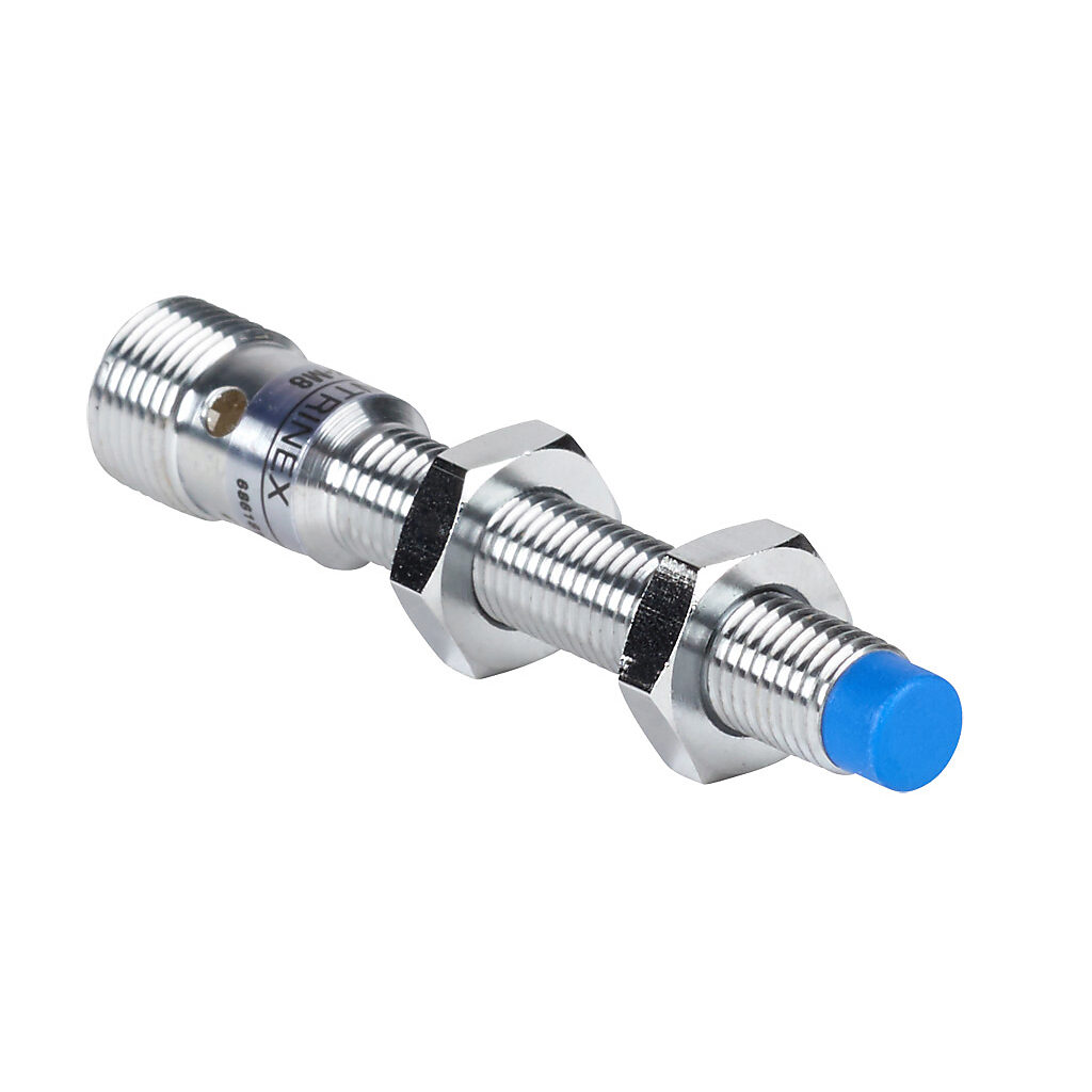 DW-AS-512-M8 - Contrinex inductive proximity sensor, tubular, 8mm diameter x 66mm body, chrome-plated brass housing, NPN, N.C. output, 6mm sensing distance, non-flush, 500 Hz switching frequency, IP67, 4-pin M12 quick-disconnect.
