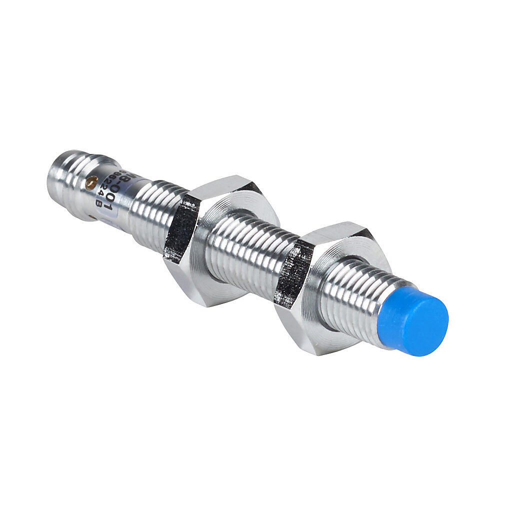 DW-AS-512-M8-001 - Contrinex inductive proximity sensor, tubular, 8mm diameter x 60mm body, chrome-plated brass housing, NPN, N.C. output, 6mm sensing distance, non-flush, 500 Hz switching frequency, IP67, 3-pin M8 quick-disconnect.