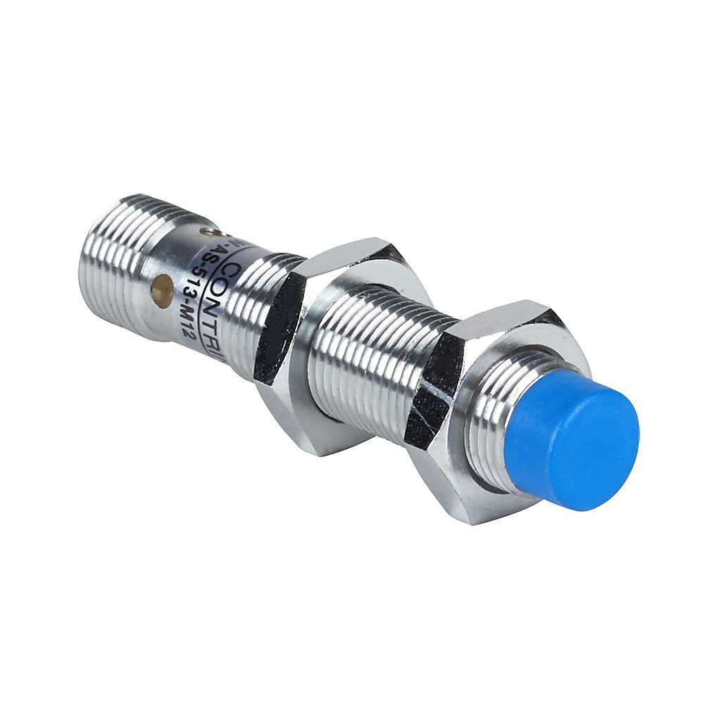 DW-AS-513-M12 - Contrinex inductive proximity sensor, tubular, 12mm diameter x 60mm body, chrome-plated brass housing, PNP, N.O. output, 10mm sensing distance, non-flush, 400 Hz switching frequency, IP67, 4-pin M12 quick-disconnect.