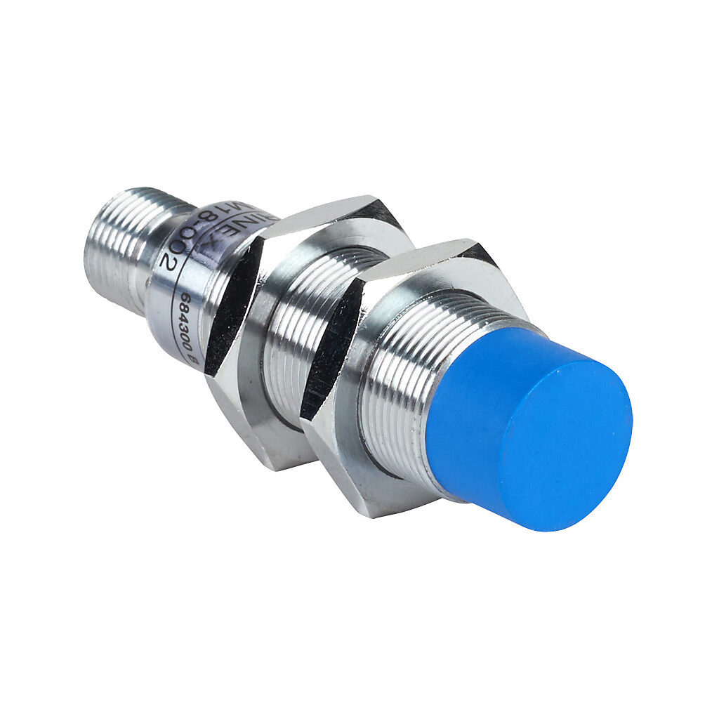 DW-AS-513-M18-002 - Contrinex inductive proximity sensor, tubular, 18mm diameter x 63.5mm body, chrome-plated brass housing, PNP, N.O. output, 20mm sensing distance, non-flush, 500 Hz switching frequency, IP67, 4-pin M12 quick-disconnect.