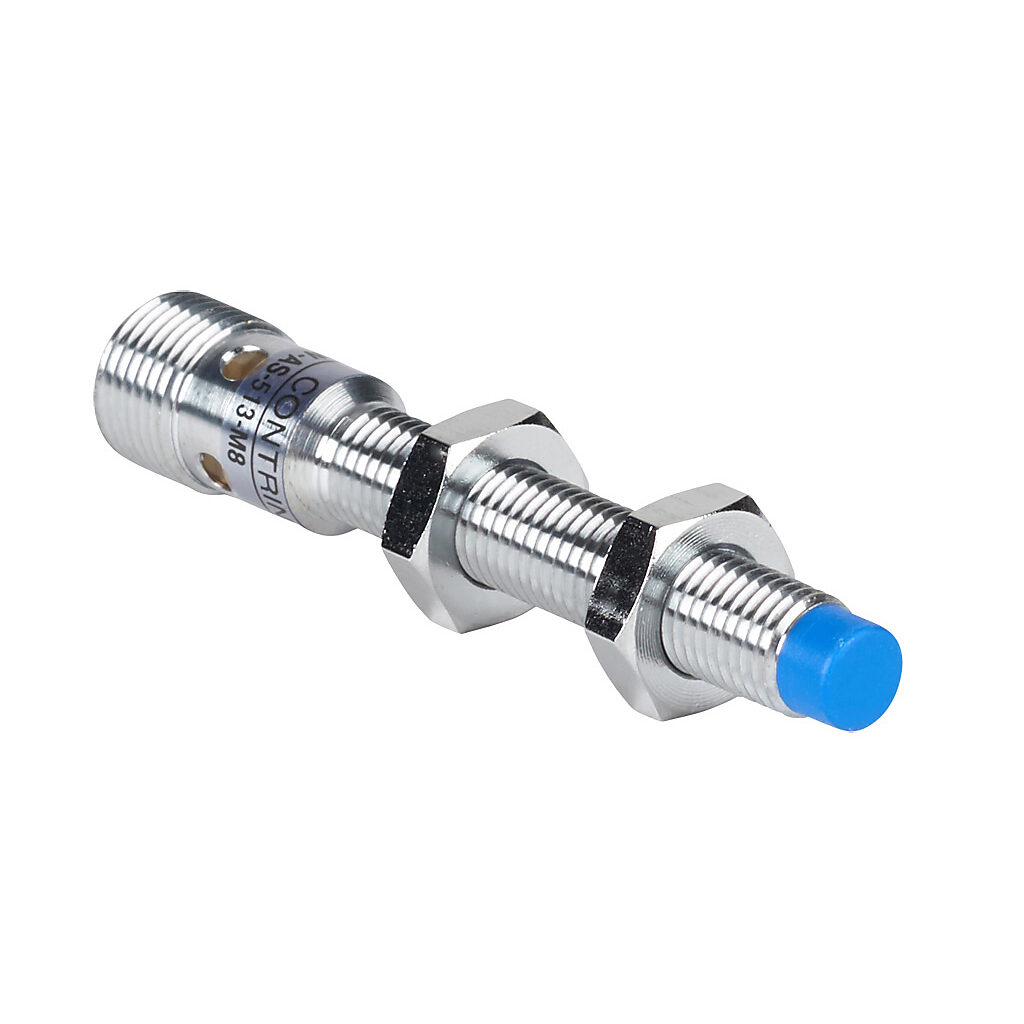 DW-AS-513-M8 - Contrinex inductive proximity sensor, tubular, 8mm diameter x 66mm body, chrome-plated brass housing, PNP, N.O. output, 6mm sensing distance, non-flush, 500 Hz switching frequency, IP67, 4-pin M12 quick-disconnect.