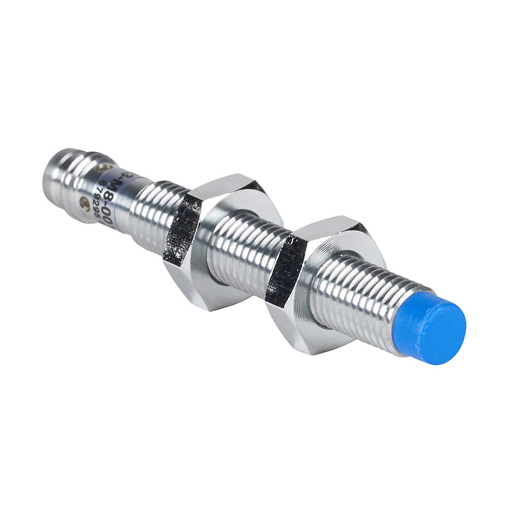 DW-AS-513-M8-001 - Contrinex inductive proximity sensor, tubular, 8mm diameter x 60mm body, chrome-plated brass housing, PNP, N.O. output, 6mm sensing distance, non-flush, 500 Hz switching frequency, IP67, 3-pin M8 quick-disconnect.