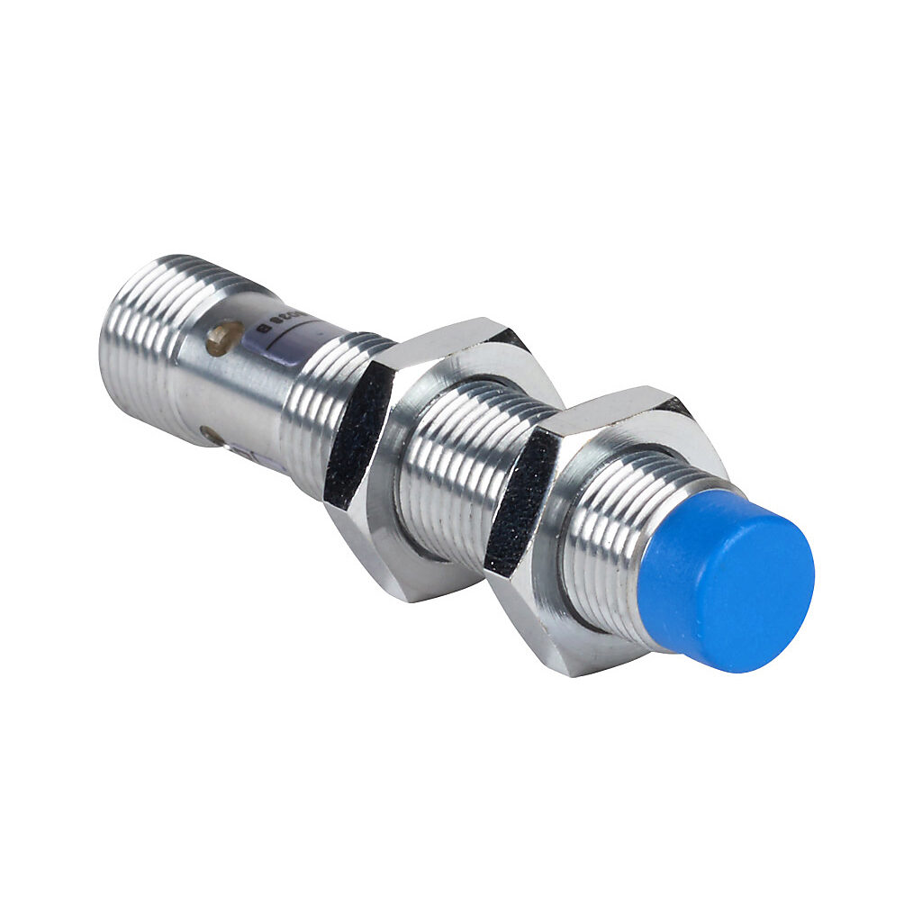 DW-AS-514-M12 - Contrinex inductive proximity sensor, tubular, 12mm diameter x 60mm body, chrome-plated brass housing, PNP, N.C. output, 10mm sensing distance, non-flush, 400 Hz switching frequency, IP67, 4-pin M12 quick-disconnect.