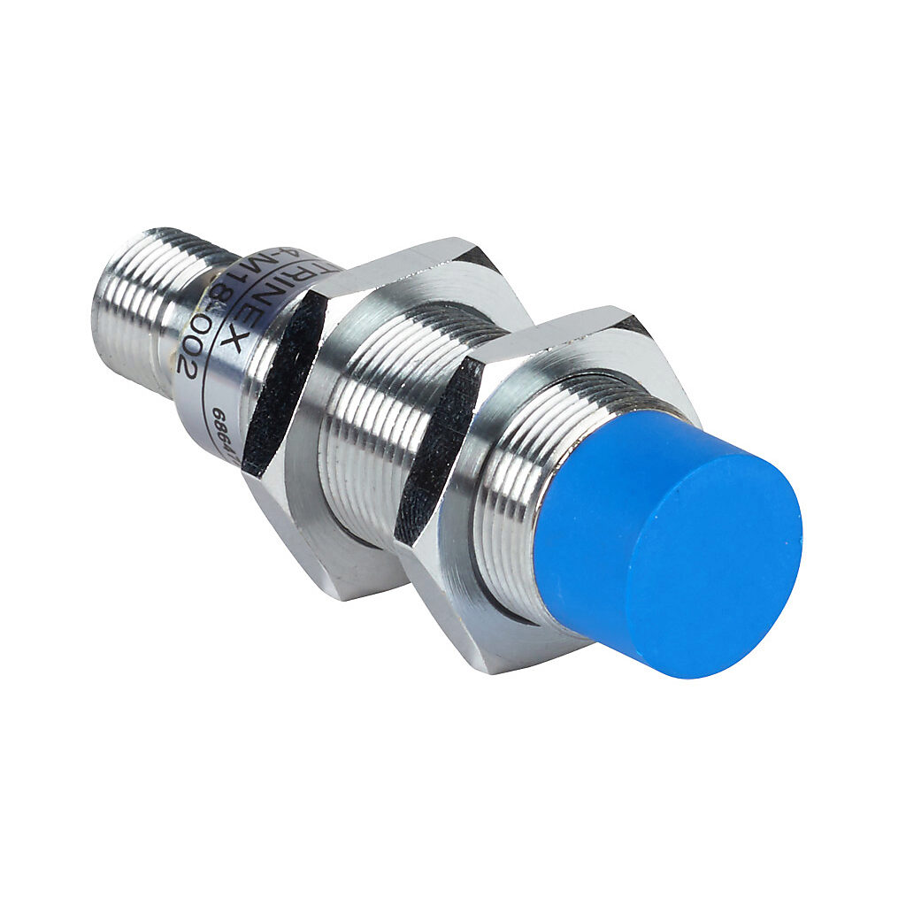 DW-AS-514-M18-002 - Contrinex inductive proximity sensor, tubular, 18mm diameter x 63.5mm body, chrome-plated brass housing, PNP, N.C. output, 20mm sensing distance, non-flush, 500 Hz switching frequency, IP67, 4-pin M12 quick-disconnect.