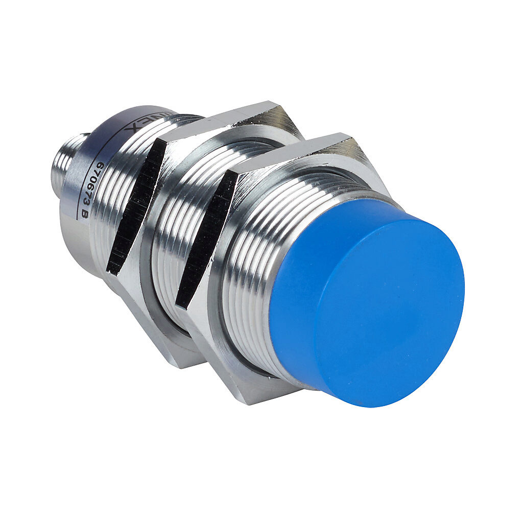 DW-AS-514-M30-002 - Contrinex inductive proximity sensor, tubular, 30mm diameter x 73.5mm body, chrome-plated brass housing, PNP, N.C. output, 40mm sensing distance, non-flush, 100 Hz switching frequency, IP67, 4-pin M12 quick-disconnect.