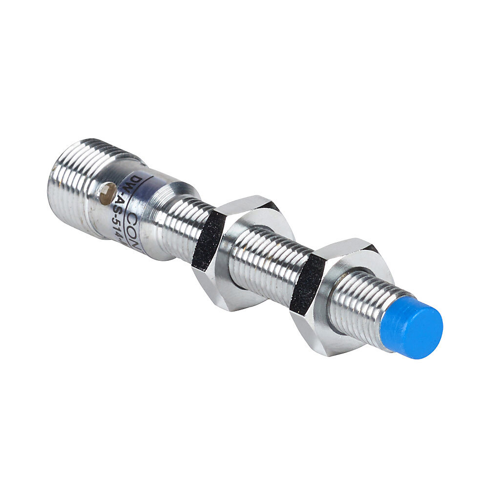 DW-AS-514-M8 - Contrinex inductive proximity sensor, tubular, 8mm diameter x 66mm body, chrome-plated brass housing, PNP, N.C. output, 6mm sensing distance, non-flush, 500 Hz switching frequency, IP67, 4-pin M12 quick-disconnect.
