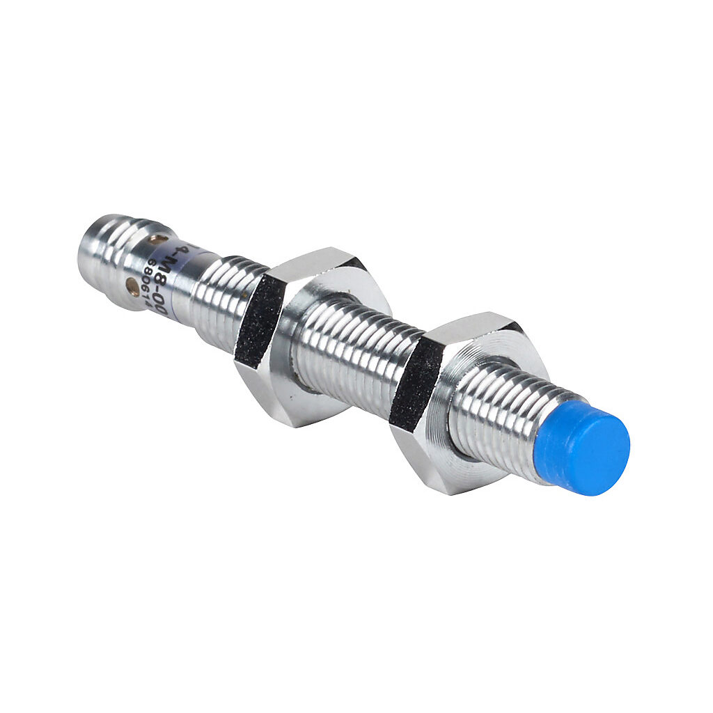 DW-AS-514-M8-001 - Contrinex inductive proximity sensor, tubular, 8mm diameter x 60mm body, chrome-plated brass housing, PNP, N.C. output, 6mm sensing distance, non-flush, 500 Hz switching frequency, IP67, 3-pin M8 quick-disconnect.