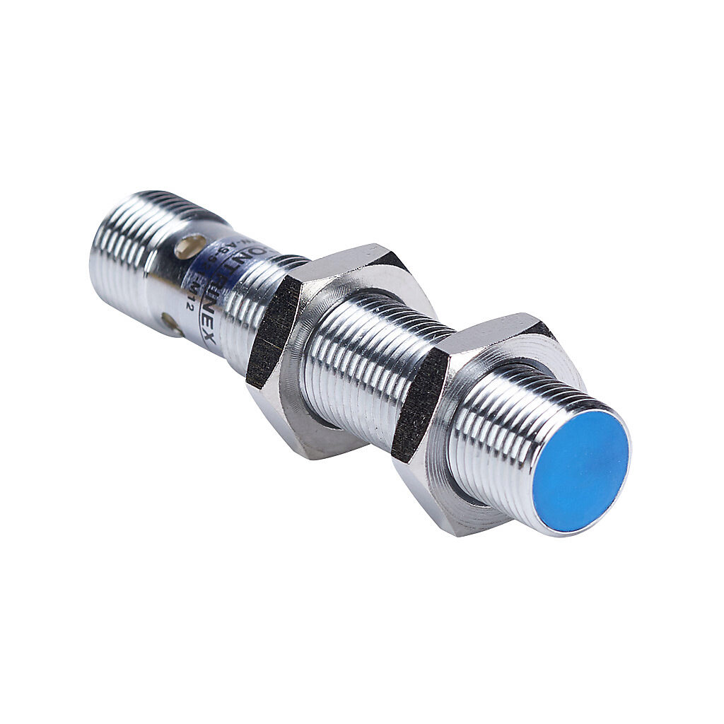 DW-AS-521-M12 - Contrinex inductive proximity sensor, tubular, 12mm diameter x 60mm body, chrome-plated brass housing, NPN, N.O. output, 8mm sensing distance, semi-flush, 400 Hz switching frequency, IP67, 4-pin M12 quick-disconnect.
