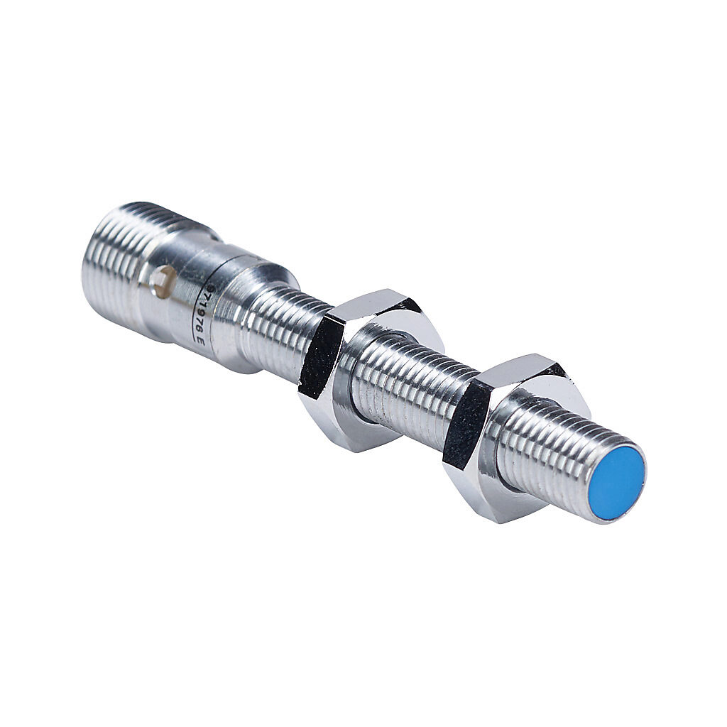 DW-AS-521-M8 - Contrinex inductive proximity sensor, tubular, 8mm diameter x 66mm body, chrome-plated nickel silver housing, NPN, N.O. output, 4mm sensing distance, semi-flush, 500 Hz switching frequency, IP67, 4-pin M12 quick-disconnect.