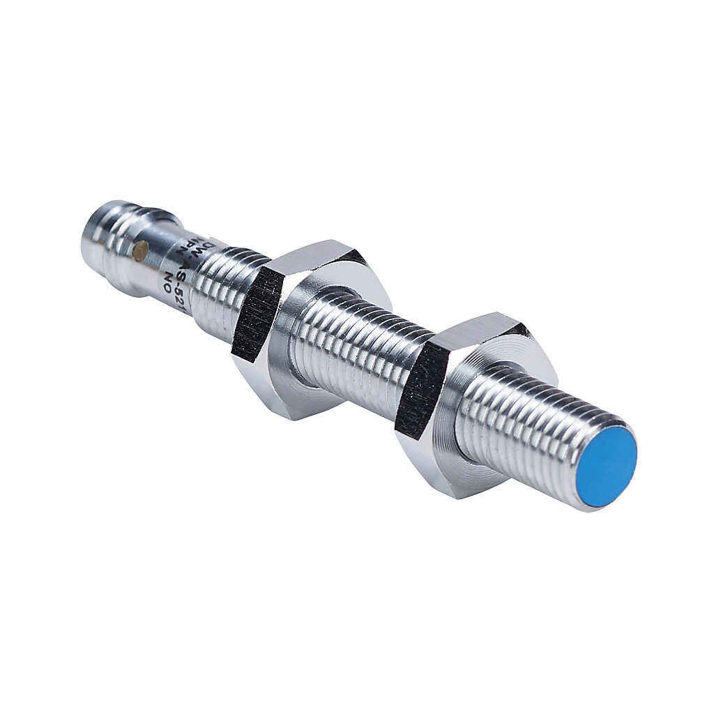 DW-AS-521-M8-001 - Contrinex inductive proximity sensor, tubular, 8mm diameter x 60mm body, chrome-plated nickel silver housing, NPN, N.O. output, 4mm sensing distance, semi-flush, 500 Hz switching frequency, IP67, 3-pin M8 quick-disconnect.