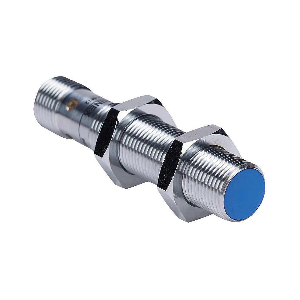 DW-AS-522-M12 - Contrinex inductive proximity sensor, tubular, 12mm diameter x 60mm body, chrome-plated brass housing, NPN, N.C. output, 8mm sensing distance, semi-flush, 400 Hz switching frequency, IP67, 4-pin M12 quick-disconnect.