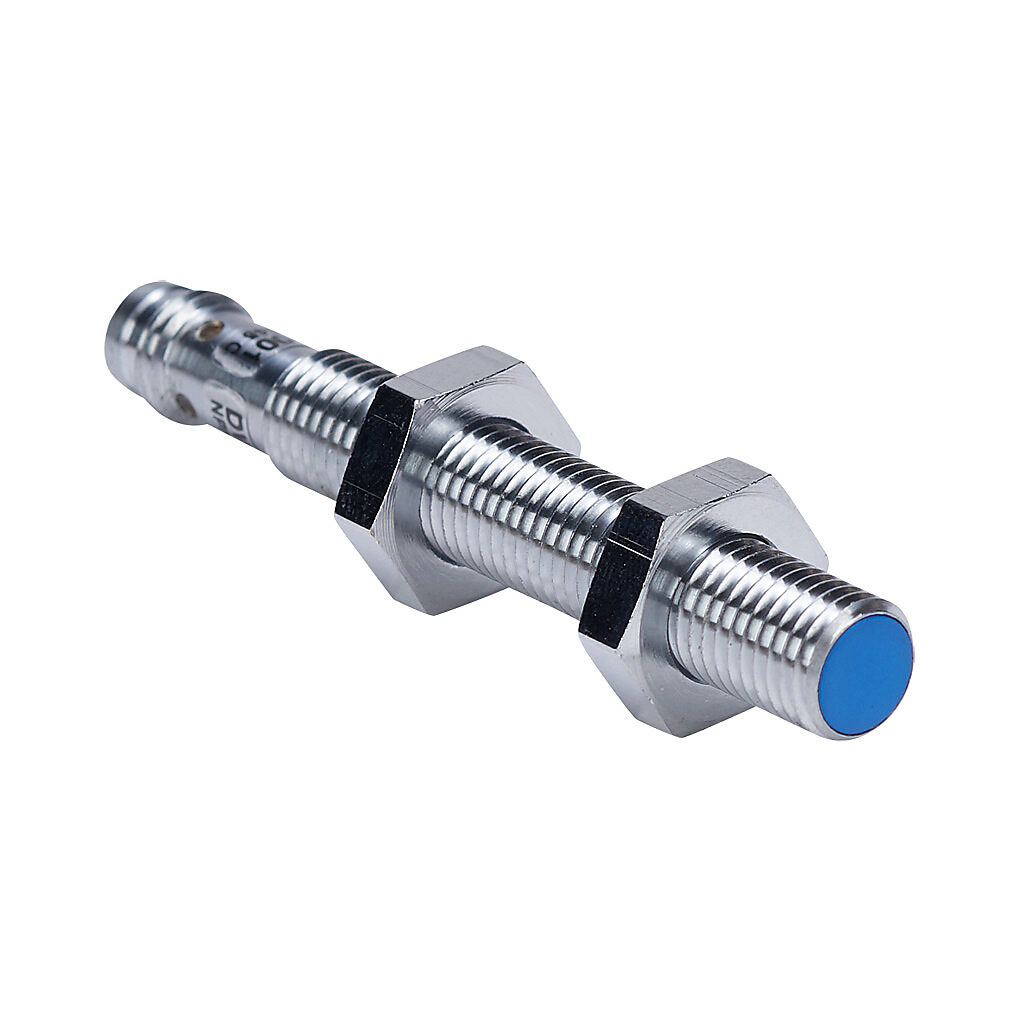 DW-AS-522-M8-001 - Contrinex inductive proximity sensor, tubular, 8mm diameter x 60mm body, chrome-plated nickel silver housing, NPN, N.C. output, 4mm sensing distance, semi-flush, 500 Hz switching frequency, IP67, 3-pin M8 quick-disconnect.