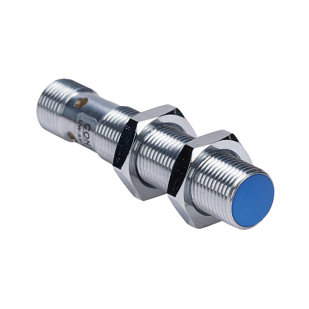 DW-AS-523-M12 - Contrinex inductive proximity sensor, tubular, 12mm diameter x 60mm body, chrome-plated brass housing, PNP, N.O. output, 8mm sensing distance, semi-flush, 400 Hz switching frequency, IP67, 4-pin M12 quick-disconnect.