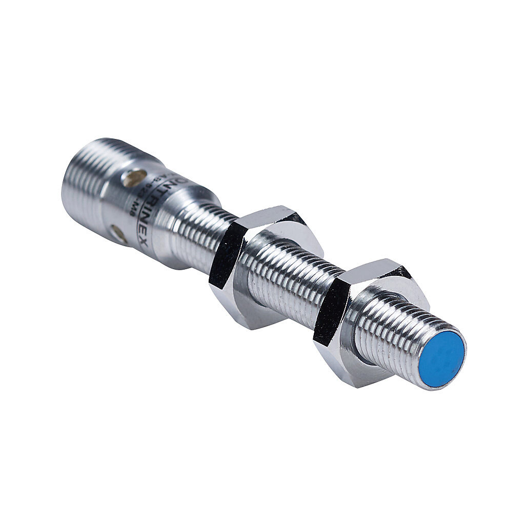 DW-AS-523-M8 - Contrinex inductive proximity sensor, tubular, 8mm diameter x 66mm body, chrome-plated nickel silver housing, PNP, N.O. output, 4mm sensing distance, semi-flush, 500 Hz switching frequency, IP67, 4-pin M12 quick-disconnect.