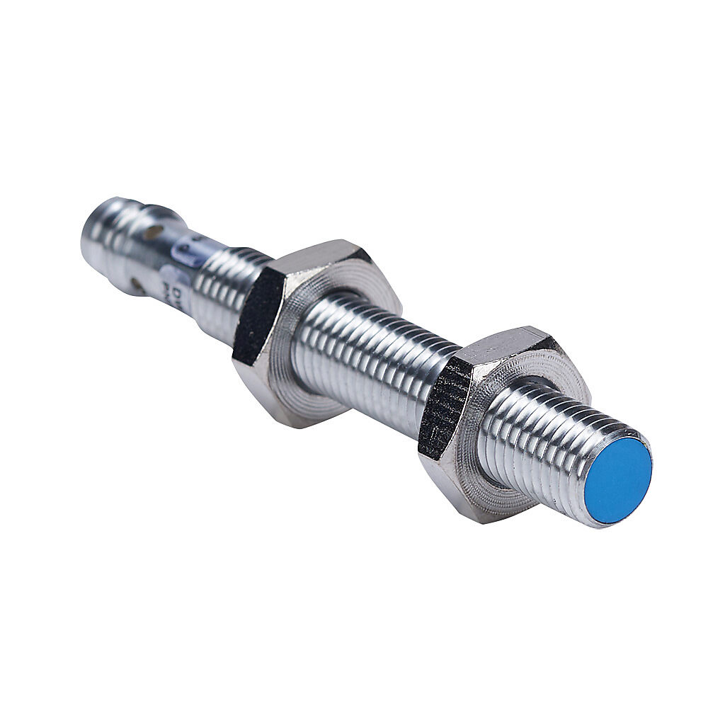 DW-AS-523-M8-001 - Contrinex inductive proximity sensor, tubular, 8mm diameter x 60mm body, chrome-plated nickel silver housing, PNP, N.O. output, 4mm sensing distance, semi-flush, 500 Hz switching frequency, IP67, 3-pin M8 quick-disconnect.