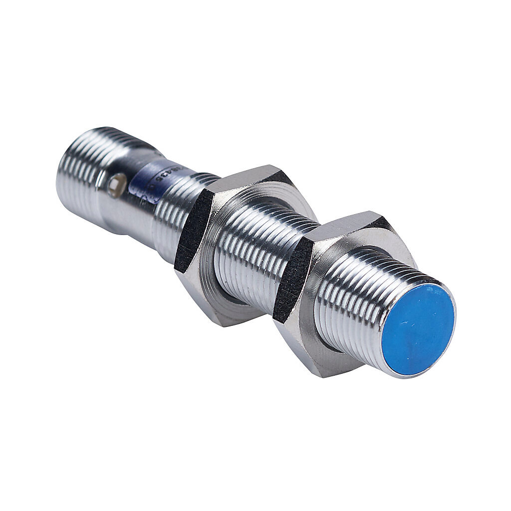DW-AS-524-M12 - Contrinex inductive proximity sensor, tubular, 12mm diameter x 60mm body, chrome-plated brass housing, PNP, N.C. output, 8mm sensing distance, semi-flush, 400 Hz switching frequency, IP67, 4-pin M12 quick-disconnect.