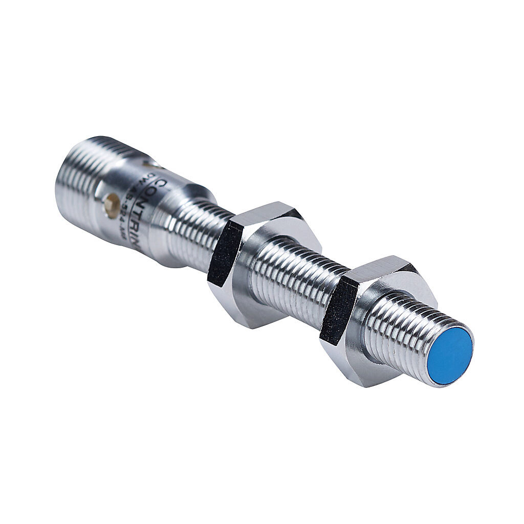 DW-AS-524-M8 - Contrinex inductive proximity sensor, tubular, 8mm diameter x 66mm body, chrome-plated nickel silver housing, PNP, N.C. output, 4mm sensing distance, semi-flush, 500 Hz switching frequency, IP67, 4-pin M12 quick-disconnect.