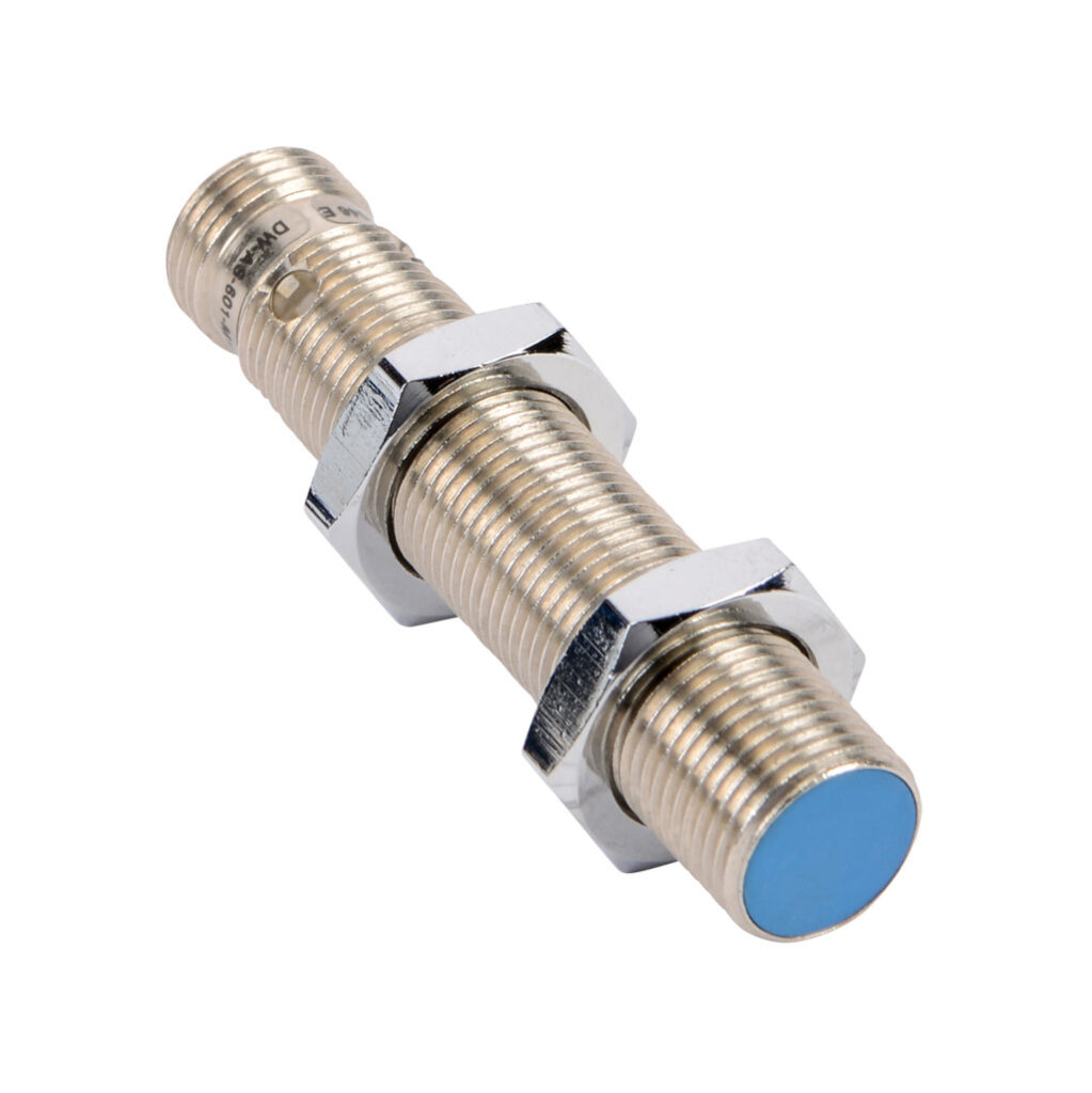 DW-AS-601-M12 - Contrinex inductive proximity sensor, tubular, 12mm diameter x 60mm body, nickel-plated brass housing, NPN, N.O. output, 2mm sensing distance, flush, 3 kHz switching frequency, IP67, 4-pin M12 quick-disconnect.