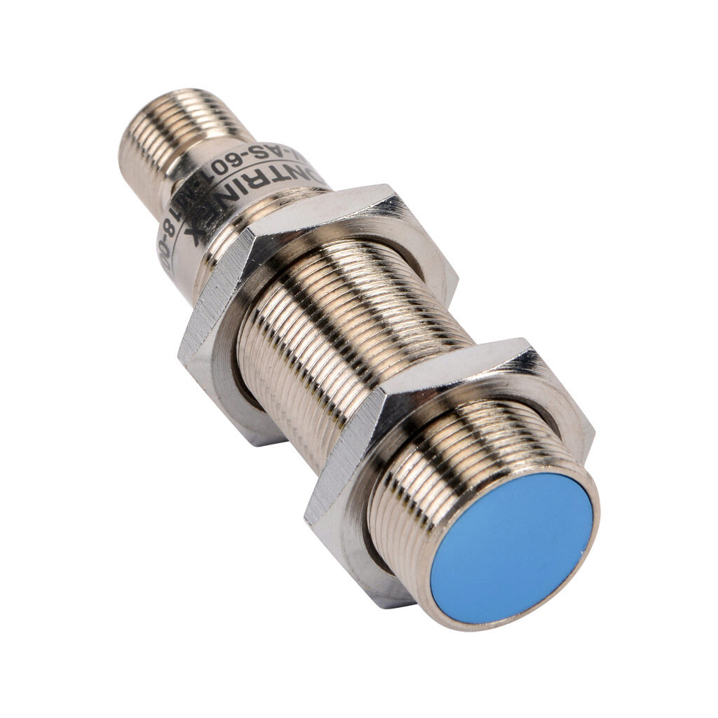 DW-AS-601-M18-002 - Contrinex inductive proximity sensor, tubular, 18mm diameter x 63.5mm body, nickel-plated brass housing, NPN, N.O. output, 5mm sensing distance, flush, 2 kHz switching frequency, IP67, 4-pin M12 quick-disconnect.