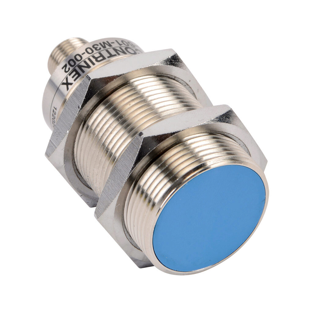 DW-AS-601-M30-002 - Contrinex inductive proximity sensor, tubular, 30mm diameter x 63.5mm body, nickel-plated brass housing, NPN, N.O. output, 10mm sensing distance, flush, 1.2 kHz switching frequency, IP67, 4-pin M12 quick-disconnect.